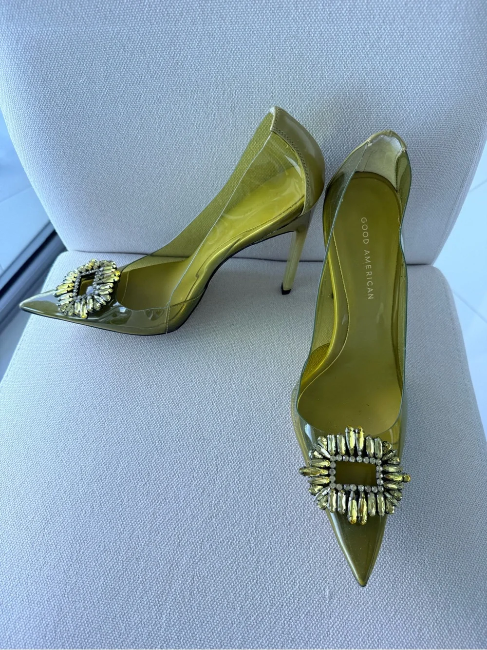 Good American Olive Pointed Toe Crystal-Buckle Pump